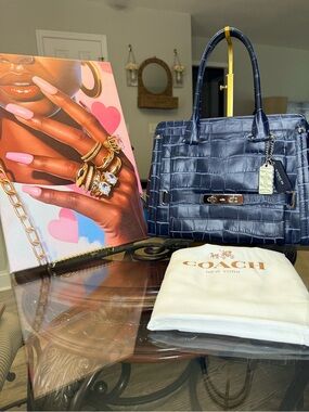 Coach Denim color Croc-Embossed Navy Leather Satchel with Polished Hardware
